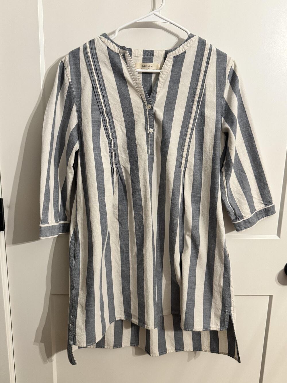 Isabella Sinclair Shirt Dress Petite LP Blue Striped V Neck 3/4 Sleeve Resort